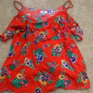 Red, tropical off the shoulder top